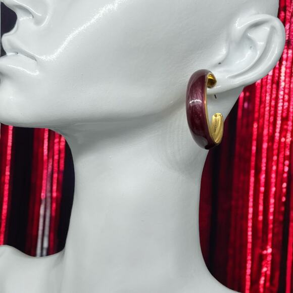 Vintage Burgundy Enamel Hoop Post Earrings - Retro - Picture 1 of 11